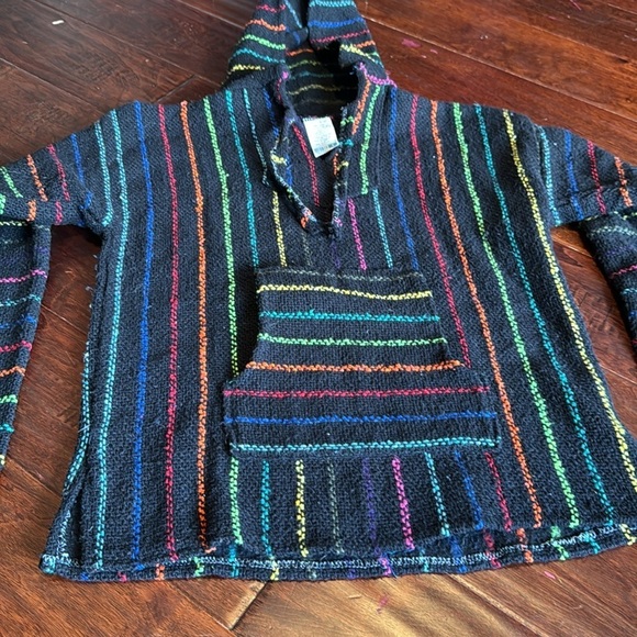 La Malinche rainbow and black striped hoodie drawstring hood pouch front bright - Picture 7 of 10